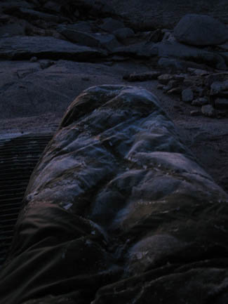 Frosted sleeping bag on Donohue Pass along the John Muir Trail